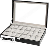 Luxury Watch Box 24 Velvet Pillow Slots, Premium Display Case With Framed Glass Lid, Elegant Contrast Stitching, Sturdy & Secure Lock By Cas De` Lux